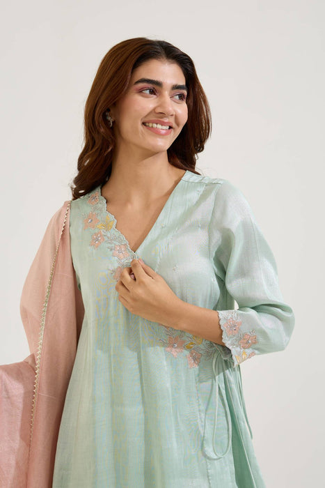 Mint Floral Embroidered Zari Chanderi Stripe with Tissue Panel Dupatta