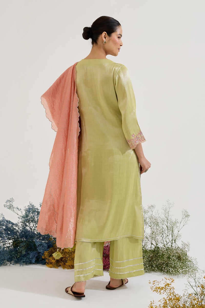 Lime Rose Scallop Chanderi Stripe Dupatta