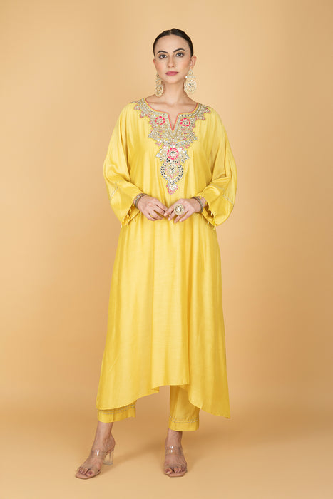 Lemon Yellow Embroidered Kaftaan  Kurta With Pants