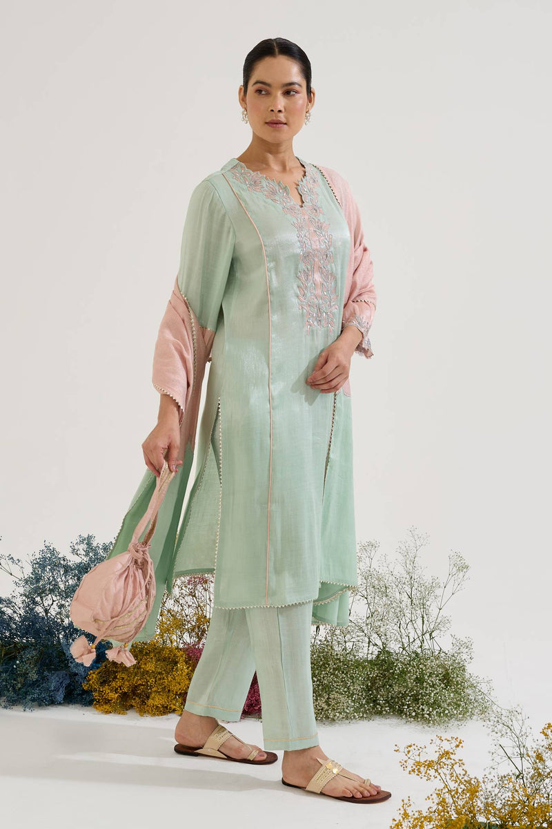 Mint Lotus Applique Tissue Kurta with Narrow Pants and Dupatta - Set of 3