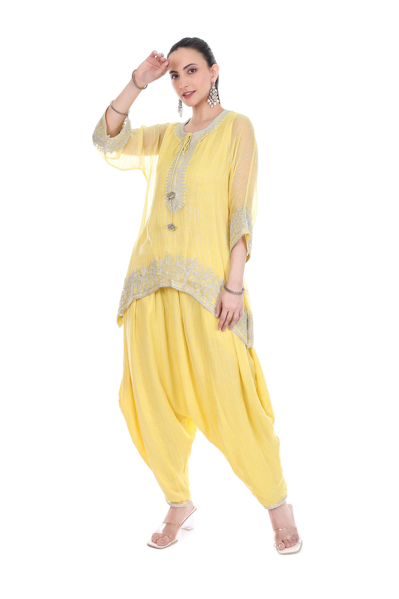 Yellow Embroidered High Low Kaftaan  with Heram Pants