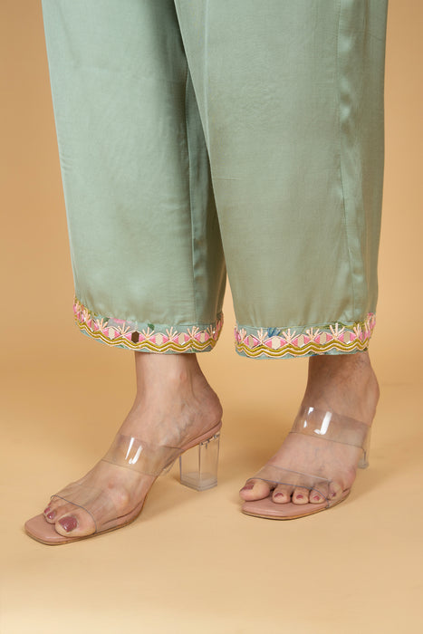 Green Floral Print Mirror Embroiderd Kurta With Pants & Dupatta