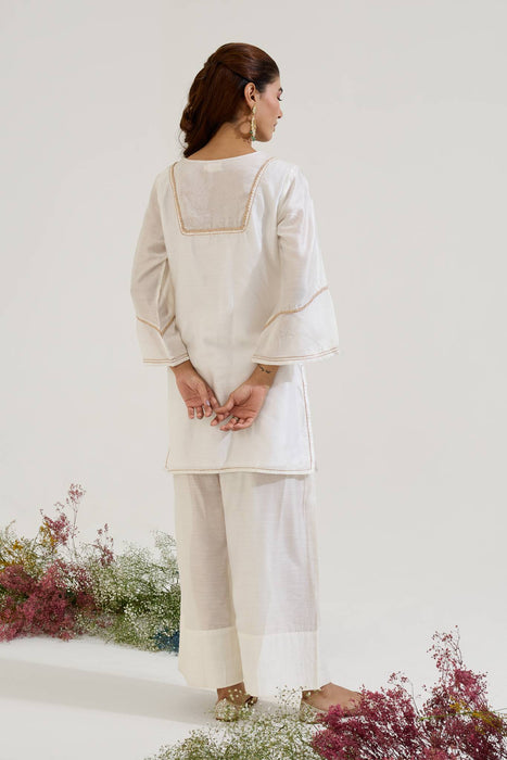 Rosy White Zari Kurta with Farsi Salwar and Dupatta - Set of 3