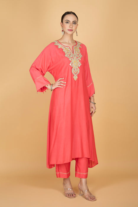 Coral Pink  Embroidered Kaftaan  Kurta With Pants