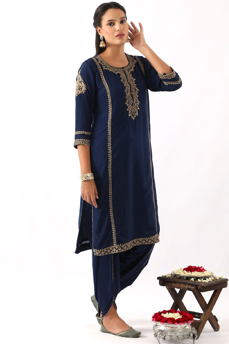 Midnight Blue Neck Embroidered Kurta & Dhoti Set