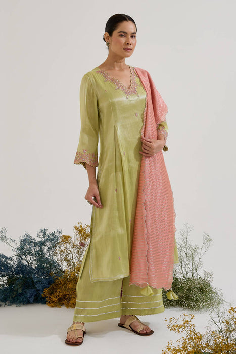 Lime Rose Dori Tissue Kurta with Wide Leg Pants and Dupatta - Set of 3