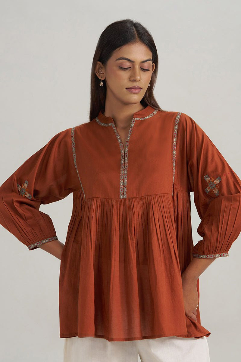 Rust Embroidered Mul-Mul Tunic