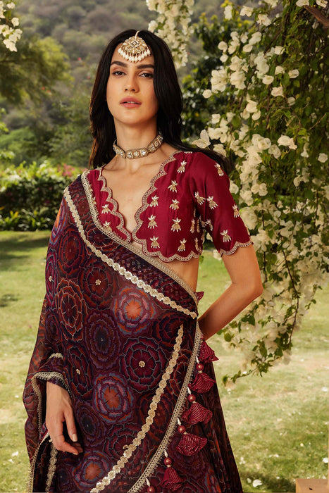 Bahaar Burgundy Scalloped Lehenga Set