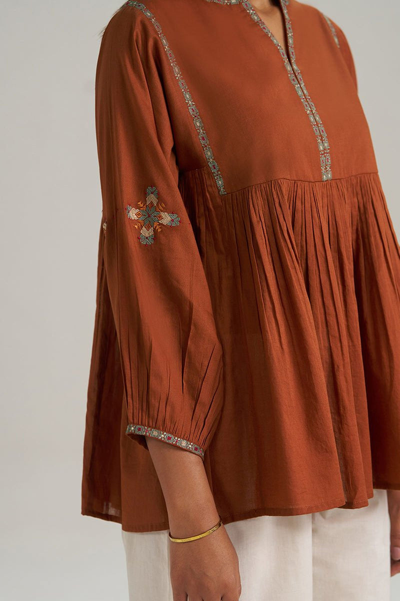 Rust Embroidered Mul-Mul Tunic
