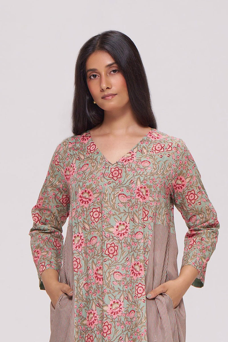 Basil Green and Pink Cotton Kurta