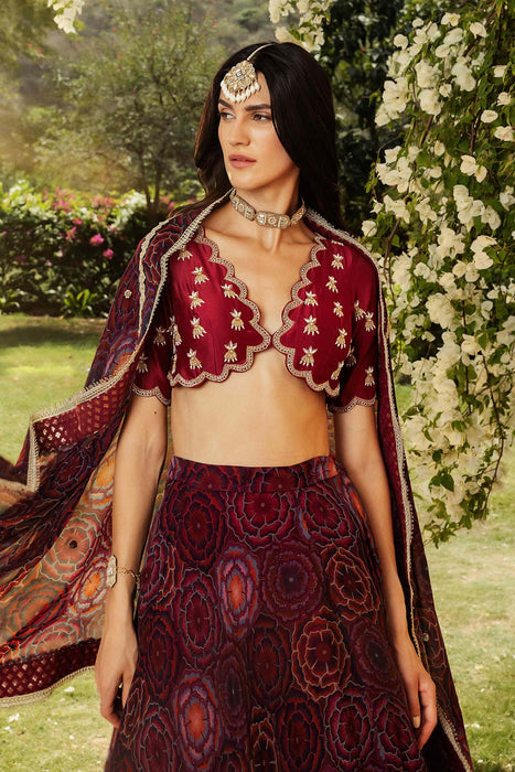 Bahaar Burgundy Scalloped Lehenga Set