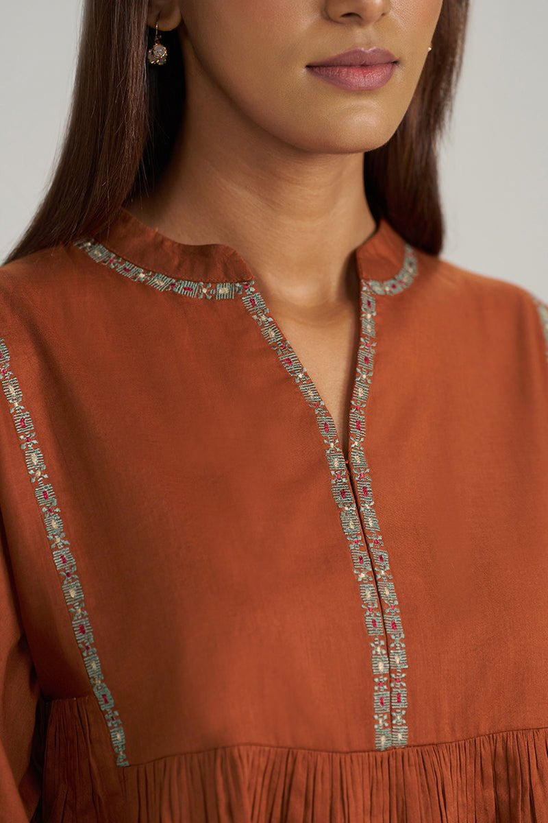 Rust Embroidered Mul-Mul Tunic