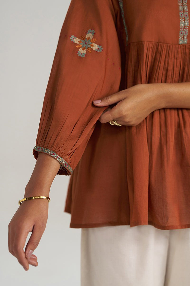 Rust Embroidered Mul-Mul Tunic