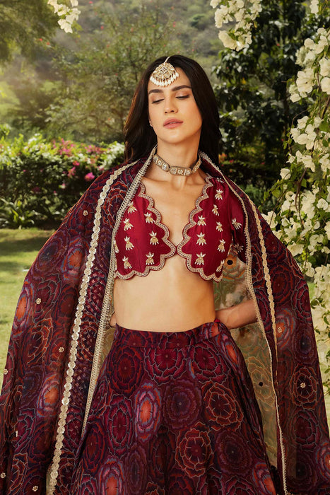 Bahaar Burgundy Scalloped Lehenga Set