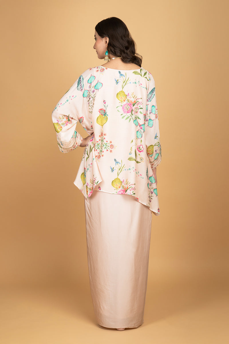 Nude Pink Printed Embroidered High Low Top W/Drape Skirt