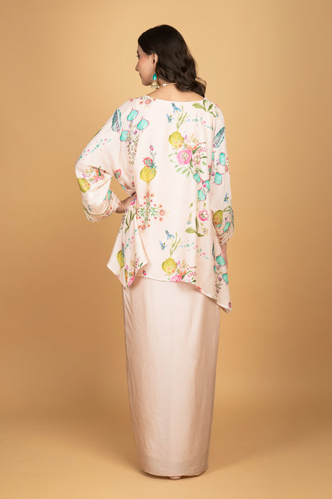 Nude Pink Printed Embroidered High Low Top W/Drape Skirt