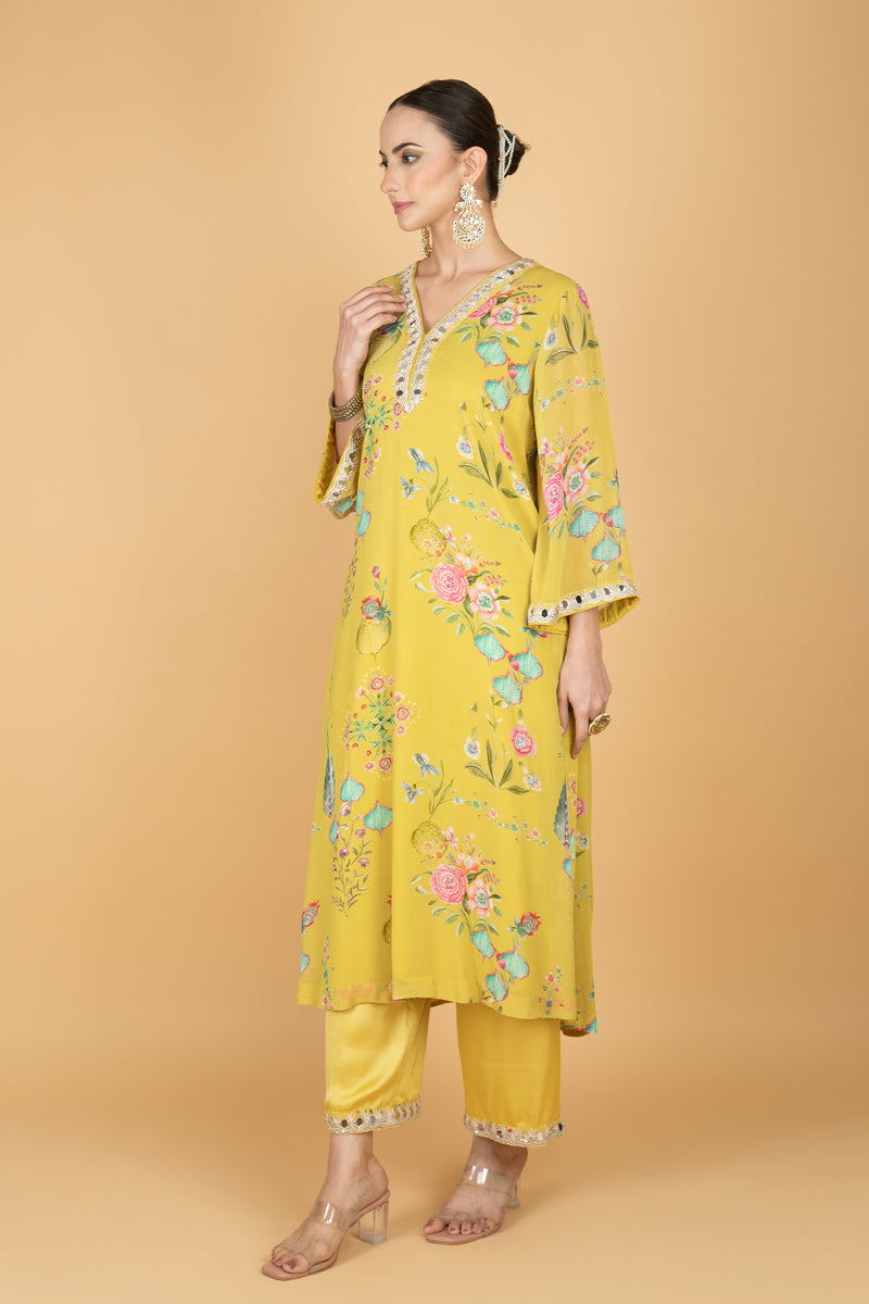 Lemon Yellow Floral Print Mirror Embroidered Kurta With Pants & Dupatta