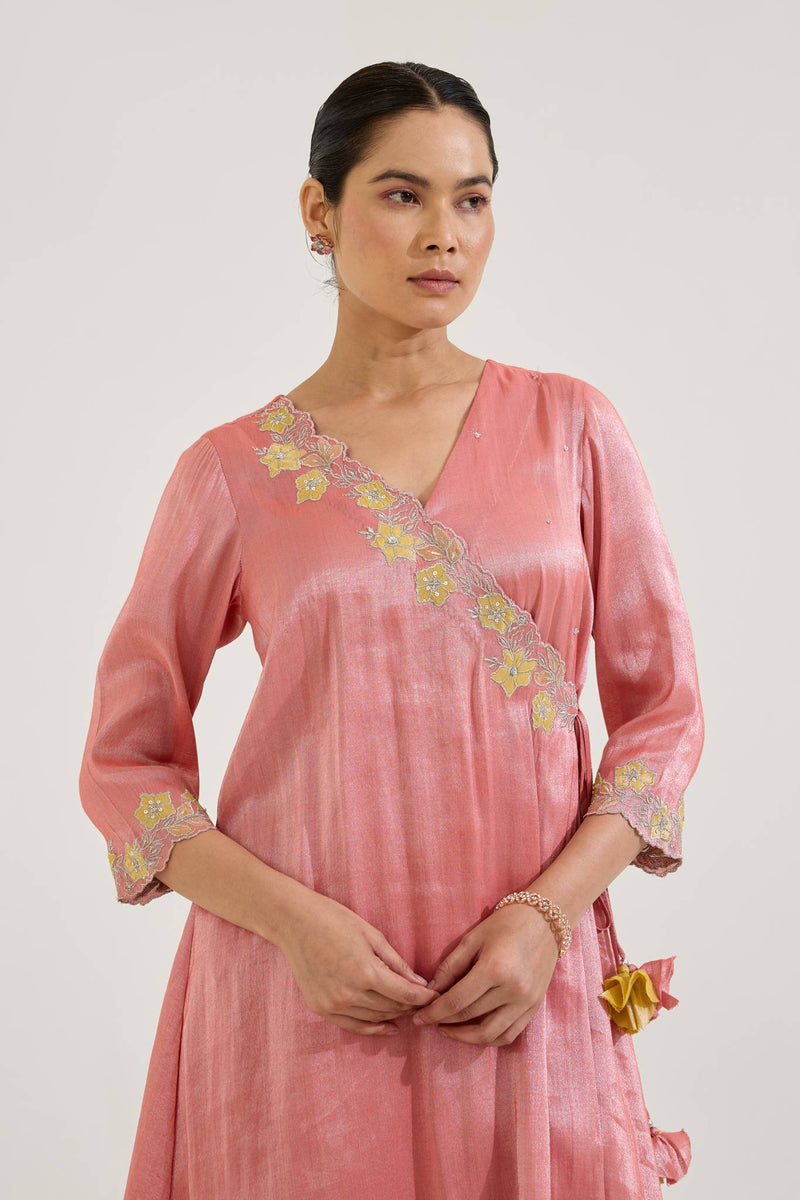 Carrot Floral Zari Tissue Angrakha with Narrow Pants and Dupatta - Set of 3