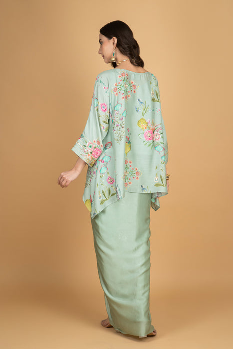 Green Printed Embroidered High Low Top W/Drape Skirt