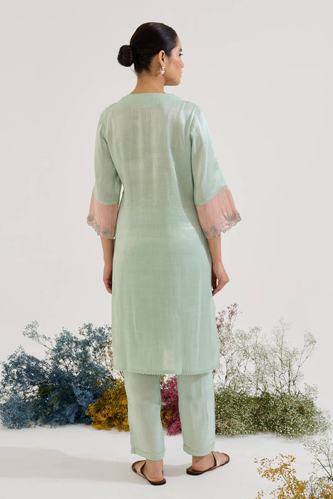 Mint Lotus Applique Tissue Kurta with Narrow Pants - Set of 2