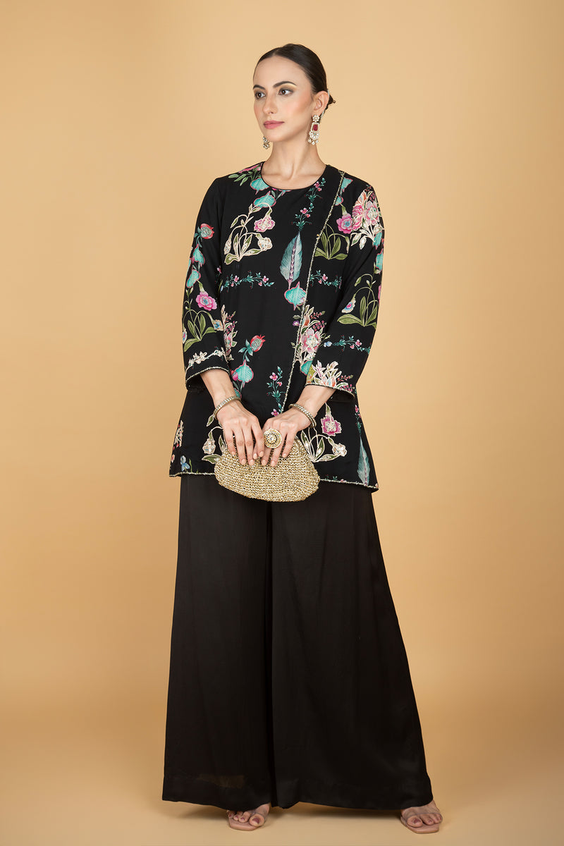 Black Floral Print Embroidered Overlay Top With Pants