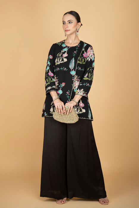 Black Floral Print Embroidered Overlay Top With Pants