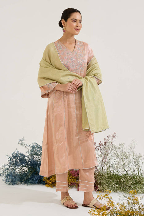 Mint Pink Sequins Floral Chanderi Stripe Dupatta