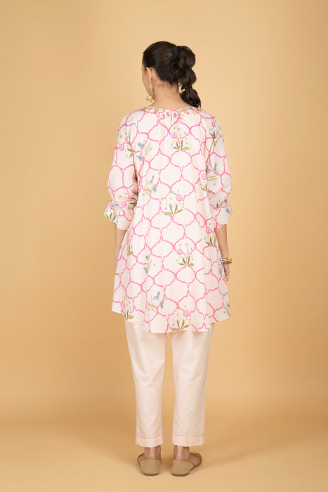 Nude Pink Embroidered Floral Print Short Kurta with Solid Pants