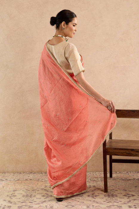 Red Gold Sequins Chanderi Stripe Saree with Tissue Blouse