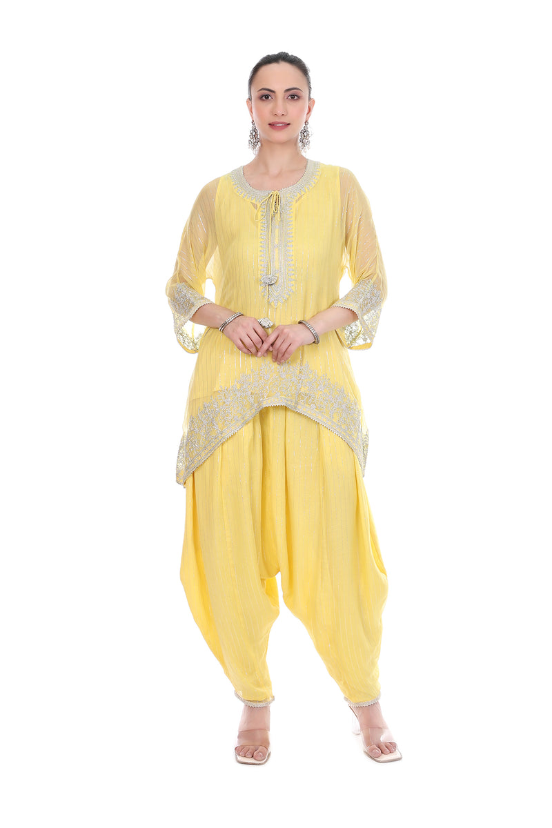 Yellow Embroidered High Low Kaftaan  with Heram Pants