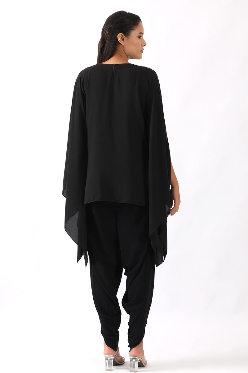 Black embroidered kaftan with belt paired with dhoti