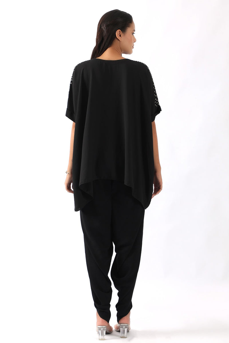 Black shoulder embroidered kaftan with dhoti