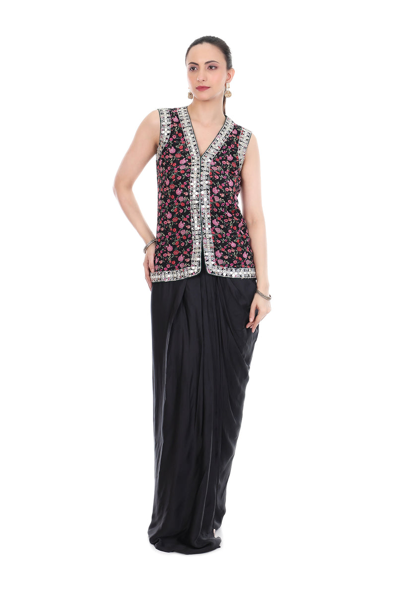 Black Mirror Embroidered Floral Print Jacket with Drape Skirt