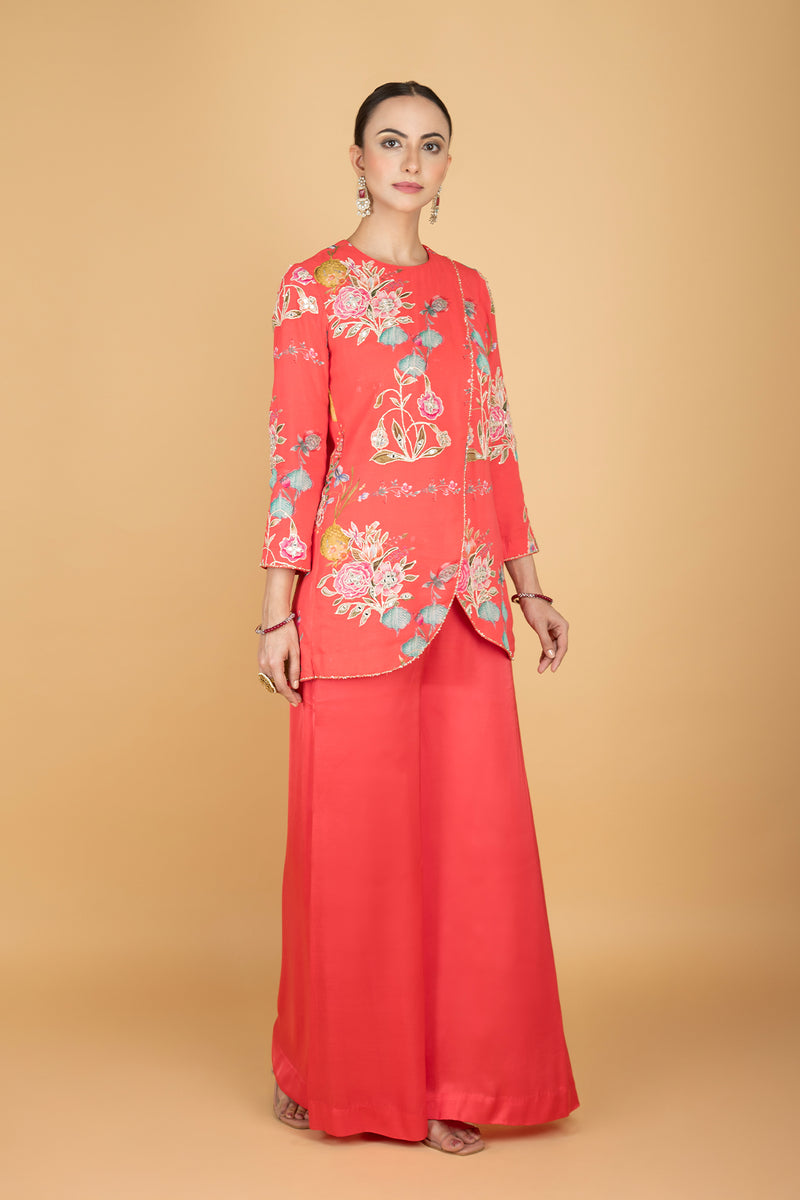 Coral Pink Floral Print Embroidered Overlay Top  W/Pants