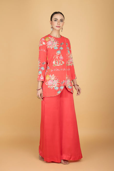Coral Pink Floral Print Embroidered Overlay Top  W/Pants