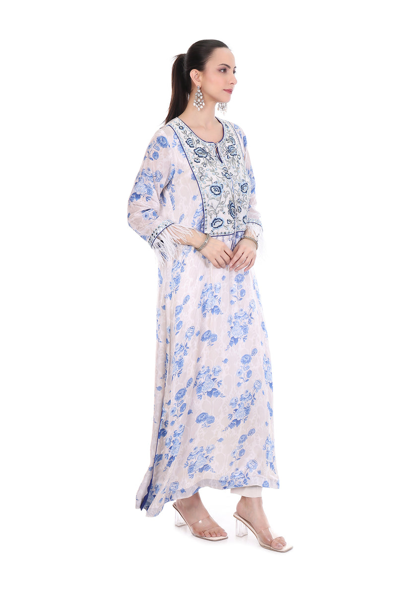 Blue White Floral Printed Embroidered Kaftaan with Pants Set