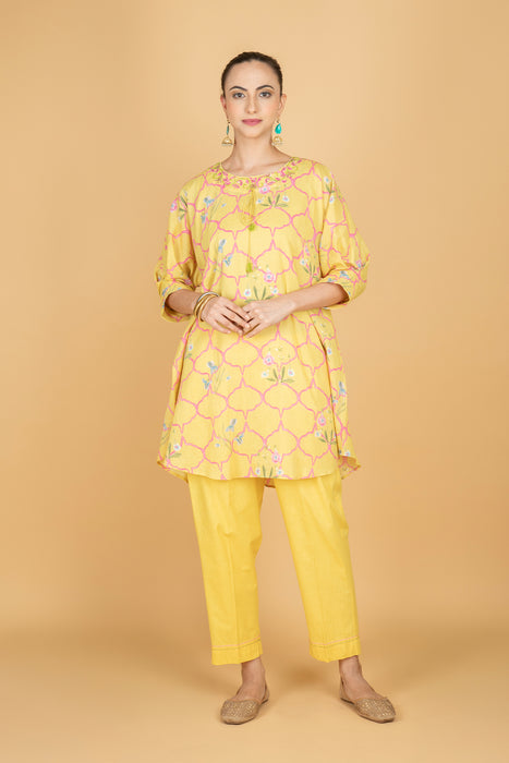 Lemon Yellow Embroidered Floral Print Short Kurta with Solid Pants