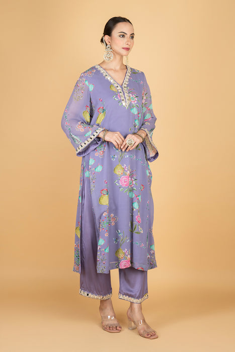 Purple Floral Print Mirror Embroiderd Kurta With Pants & Dupatta
