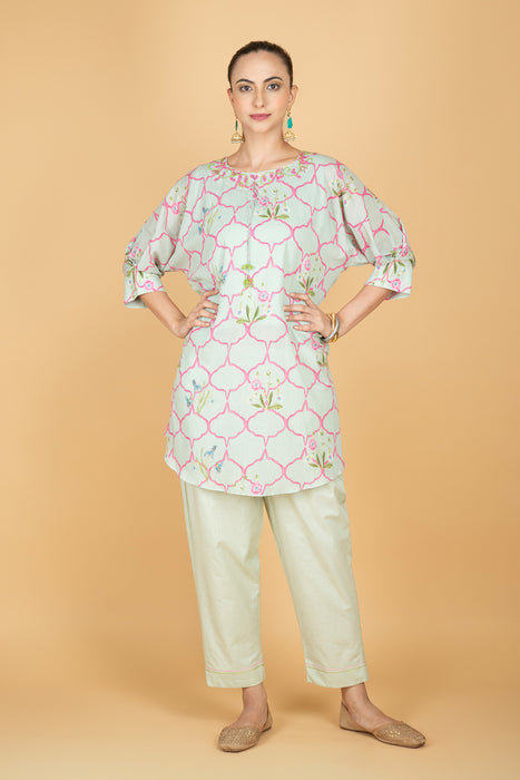 Green Embroidered Floral Print Short Kurta with Solid Pants
