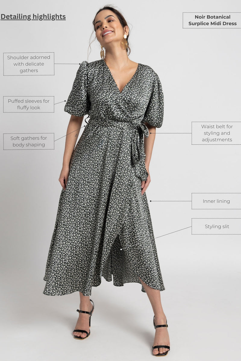 Noir Botanical Surplice Midi Dress