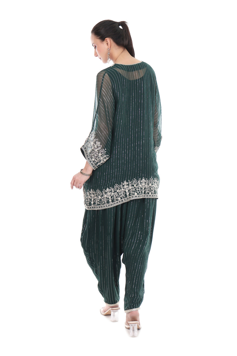 Green Embroidered High Low Kaftaan with Heram Pants