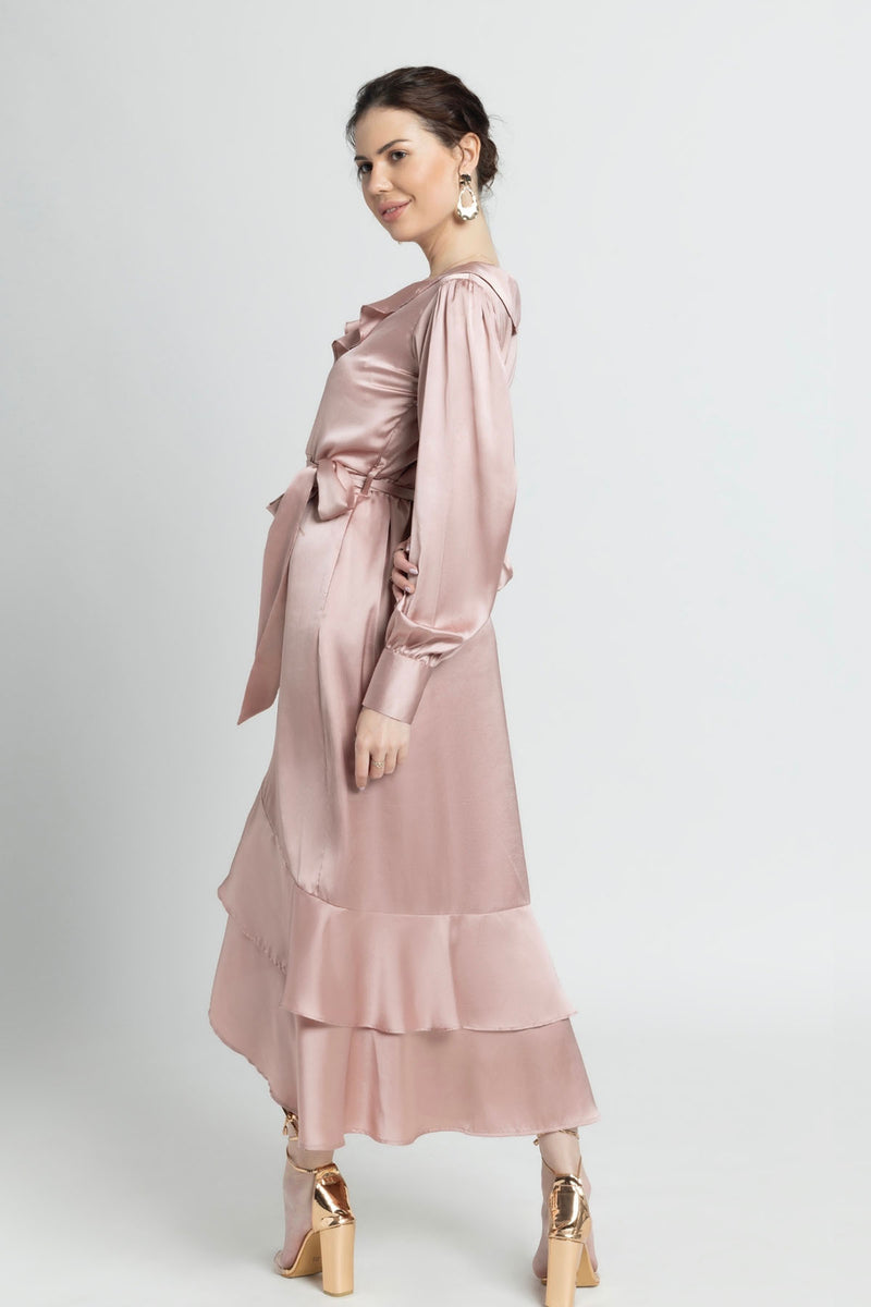 Rose Gold Ruffle V Midi Dress