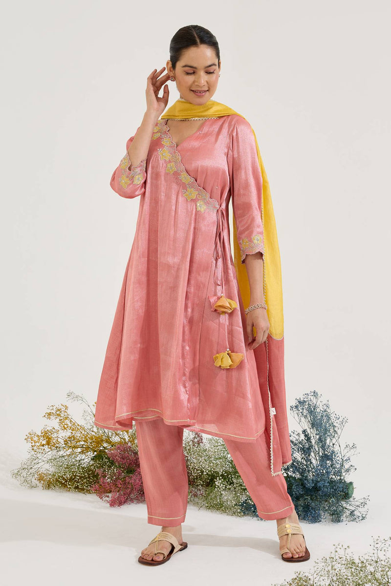 Carrot Floral Embroidered Zari Chanderi Stripe with Tissue Panel Dupatta