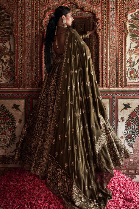 OLIVE PRINTED Chanderi silk Lehenga set