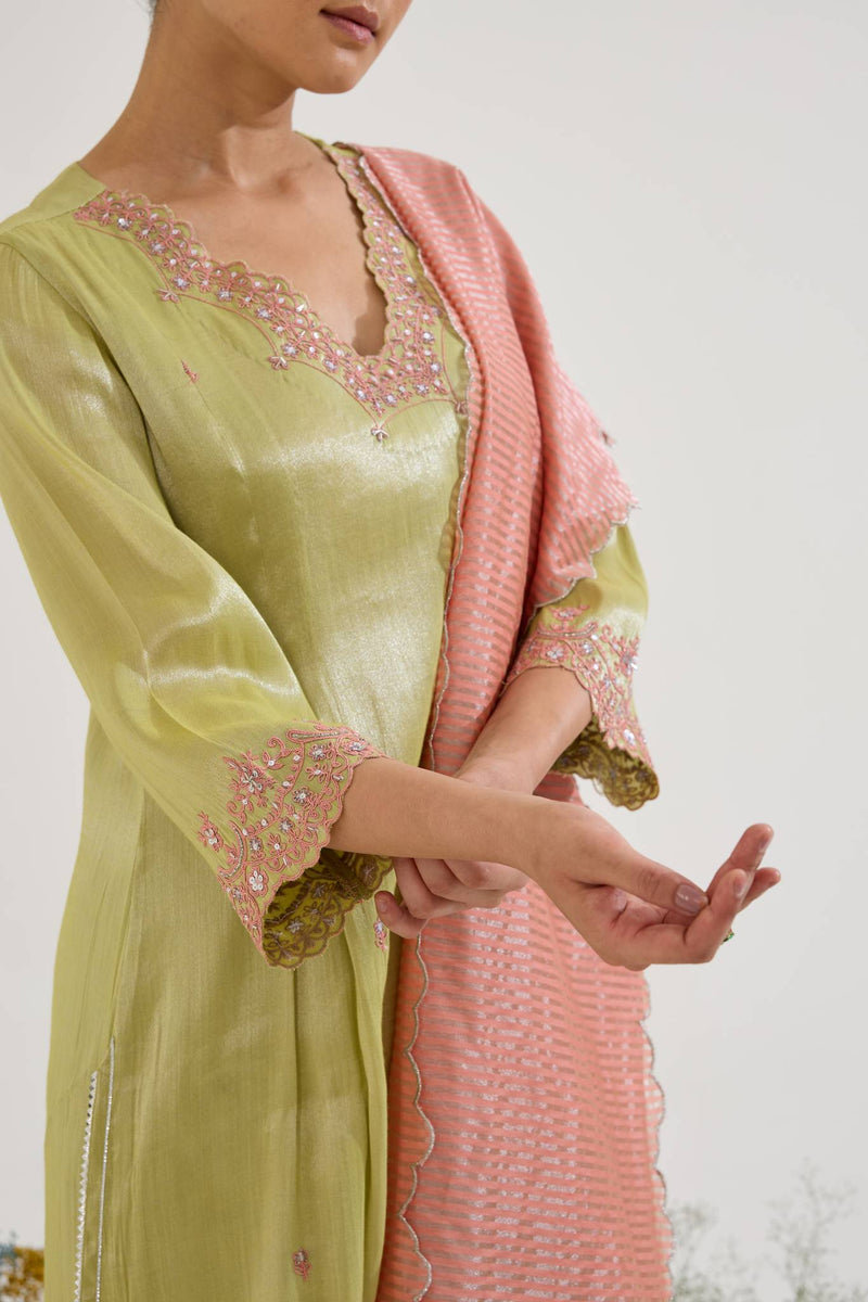 Lime Rose Scallop Chanderi Stripe Dupatta