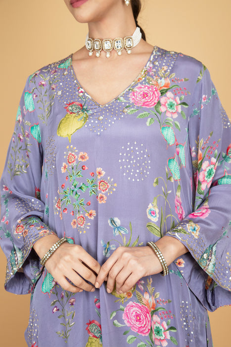 Purple Floral Printed Sequin Embroidery Kurta with Pant & Dupatta Set