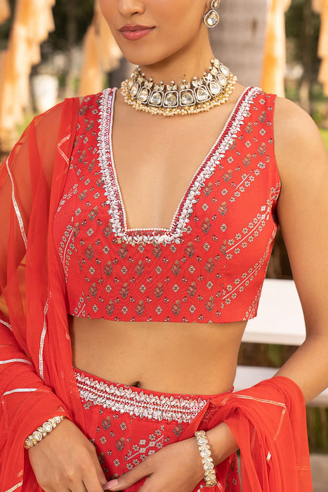 Red Printed Lehenga Set