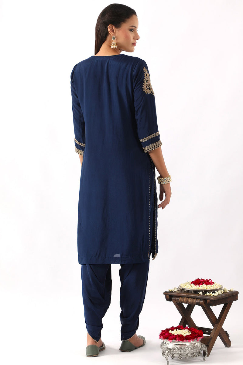 Midnight Blue Neck Embroidered Kurta & Dhoti Set