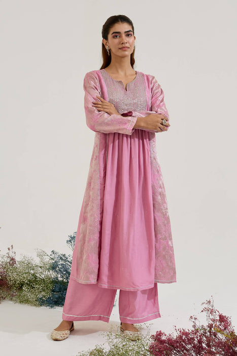 Lilac Dori Jacquard Kurta with Wide Leg Pants - Set of 2