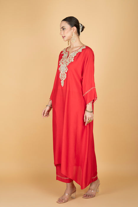 Red Embroidered Kaftaan  Kurta With Pants
